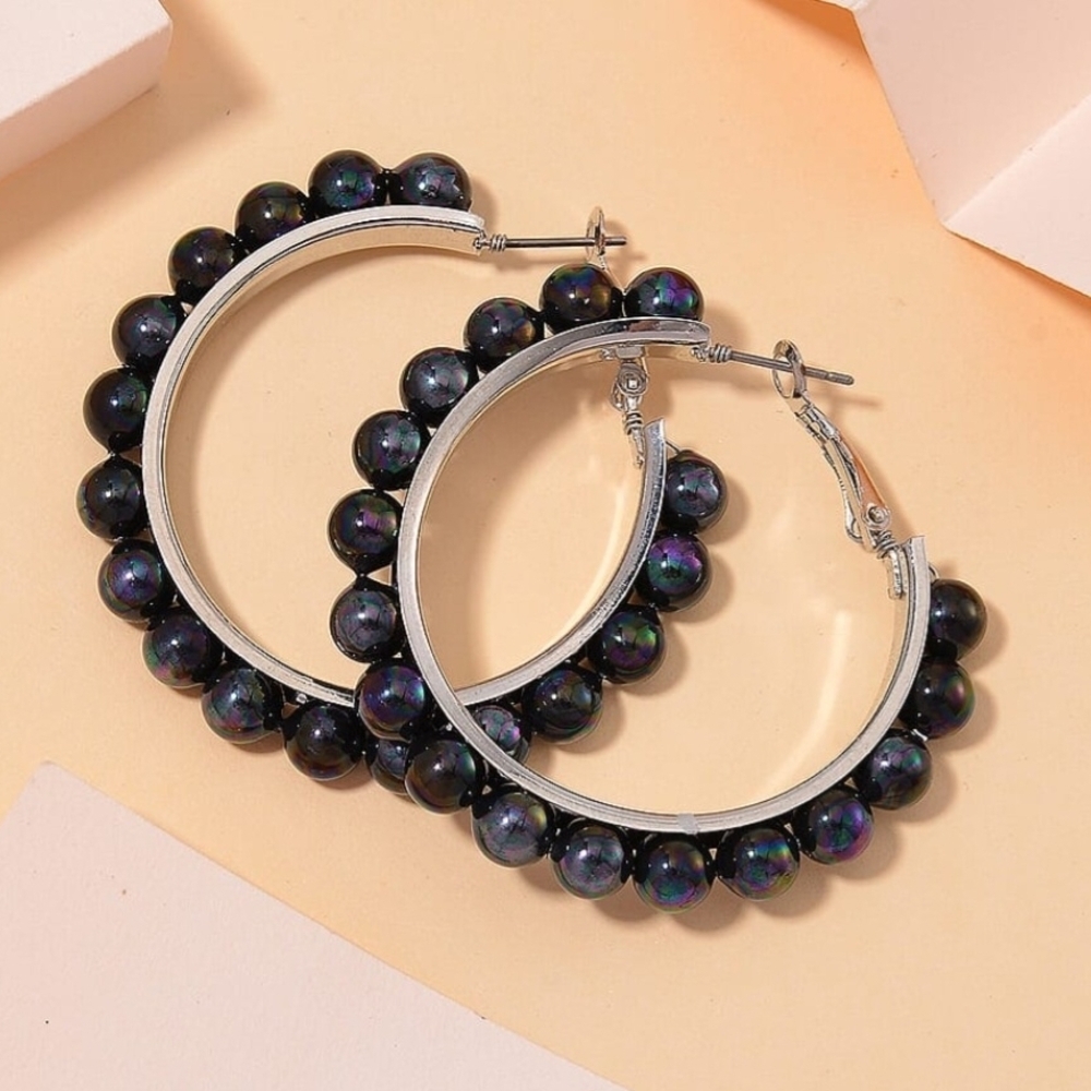 Peacock Color Shell Pearl Hoop Earrings in Stainless Steel